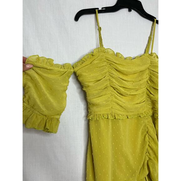 TOBI Bardot Square Neckline Off the Shoulder Ruched Green Sundress Dress XS - Picture 3 of 6